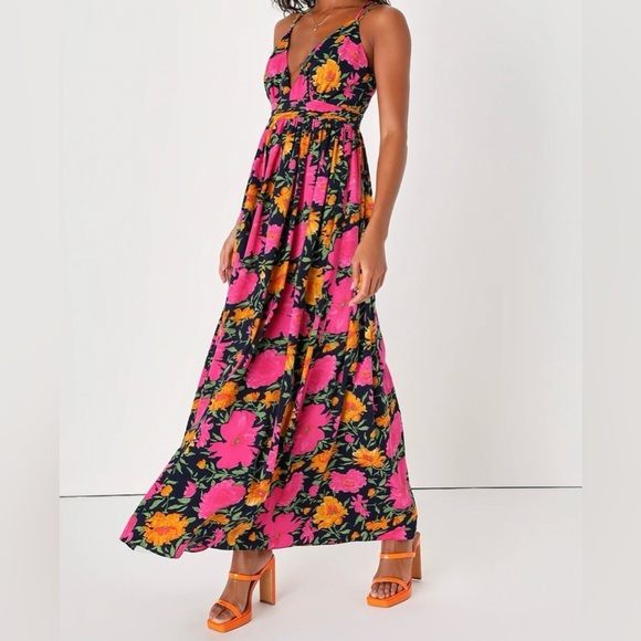 Lulu's Navy Neon Floral Print Sleeveless Strappy Maxi Dress Size Small - Picture 2 of 14